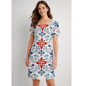 Boden Delfina Linen Dress Floral Print in White Red Blue